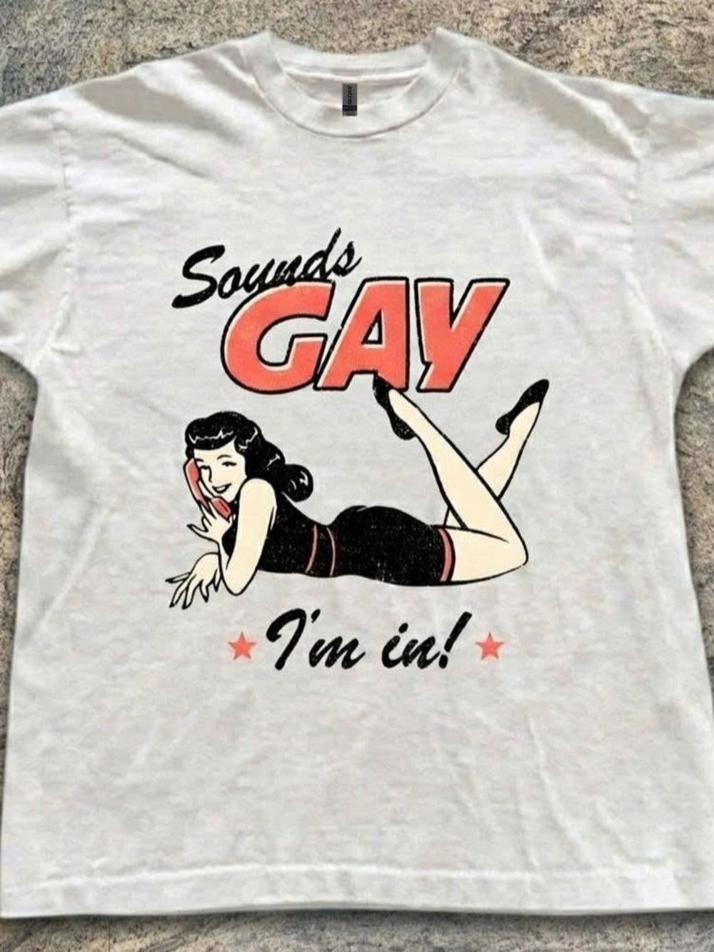 White Graphic Tee with Coral 'Sounds Gay' Print - Women Shirt